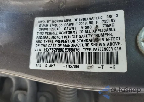 2013 Honda Civic Lx из США, поврежденный, VIN 19XFB2F56DE068576